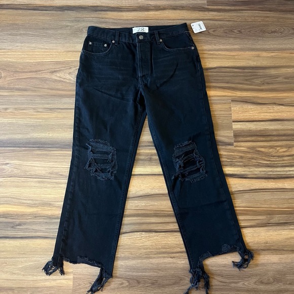 We The Free Denim - Free People Maggie Mid Rise Distressed Wide Leg Raw Hem Jeans 28 Black
